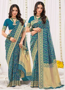 Teal Silk Foil Print Traditional Saree