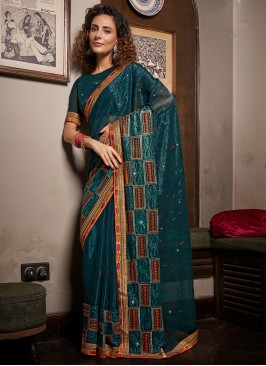 Teal Swarovski Contemporary Saree