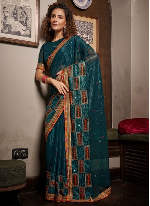 Teal Swarovski Contemporary Saree