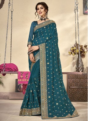 Teal Vichitra Silk Diamond Traditional Saree