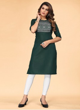 Tempting Embroidered Green Cotton Party Wear Kurti