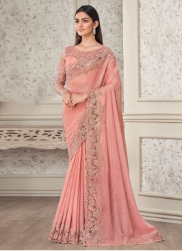 Tempting Embroidered Rose Pink Shimmer Georgette Classic Saree