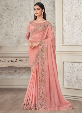 Tempting Embroidered Rose Pink Shimmer Georgette Classic Saree