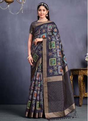Tempting Tussar Silk Navy Blue Designer Saree