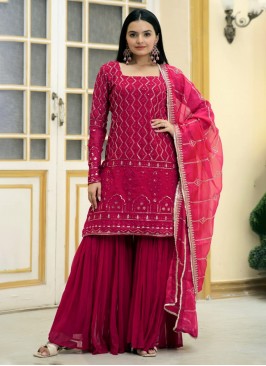 Thread Faux Georgette Designer Salwar Kameez in Hot Pink