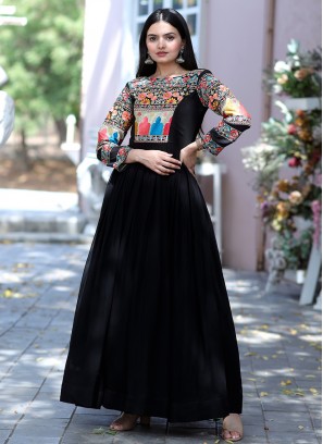 Thread Faux Georgette Readymade Gown in Black