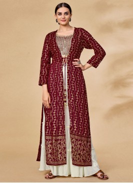 Thread Georgette Readymade Salwar Kameez in Maroon