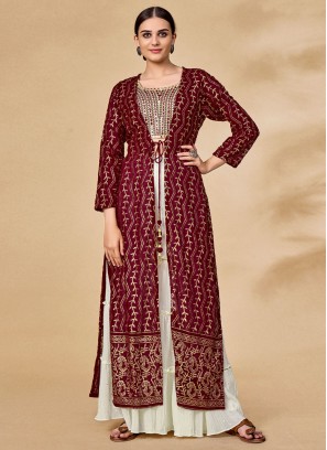 Thread Georgette Readymade Salwar Kameez in Maroon
