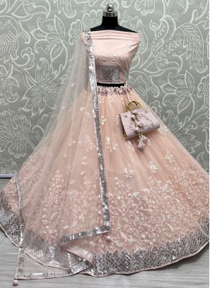 Thread Net A Line Lehenga Choli in Peach