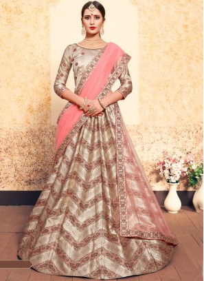 Thread Satin Designer Lehenga Choli in Brown