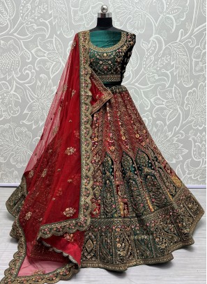 Thread Velvet Designer Lehenga Choli in Green and Maroon