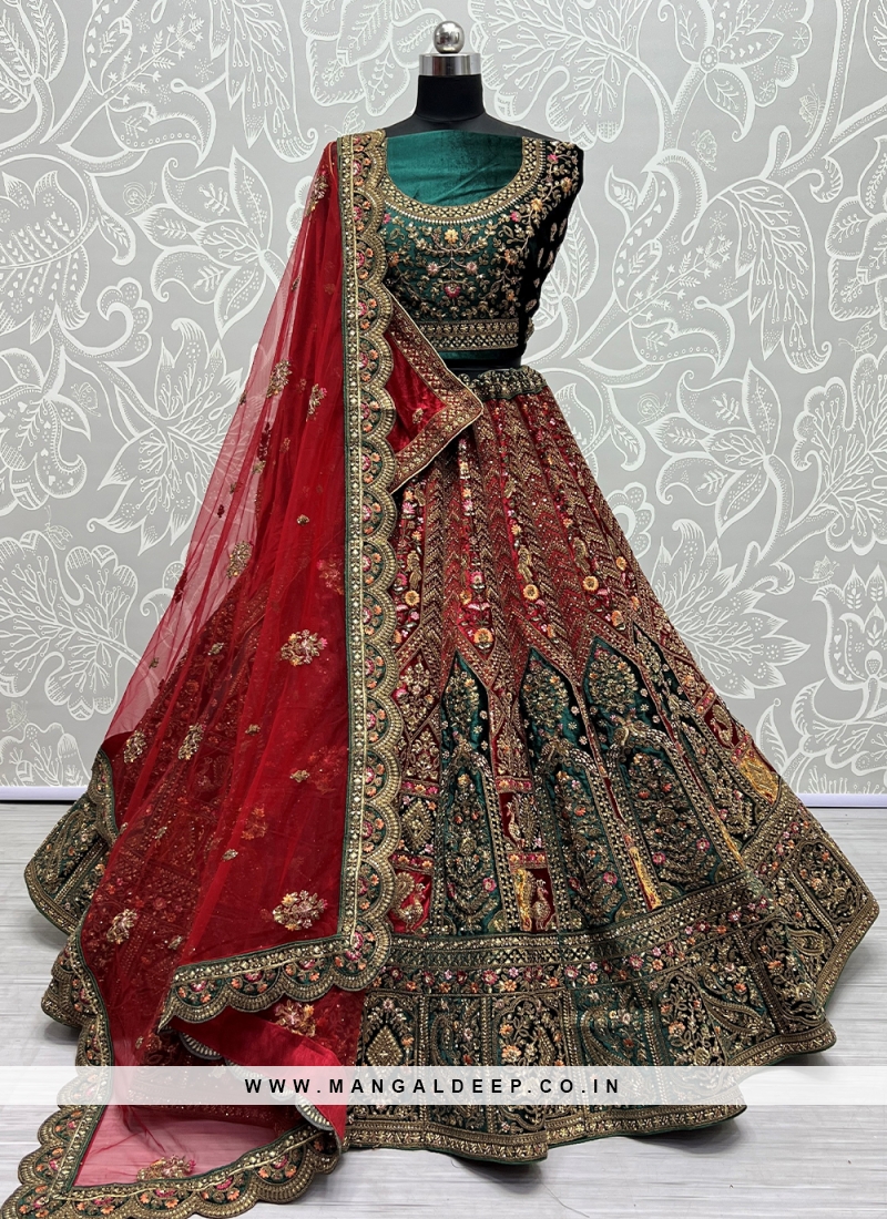 Maroon and green bridal lehenga sale