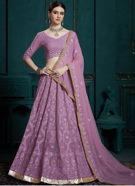 Thread Work Faux Georgette Trendy Lehenga Choli in Lavender