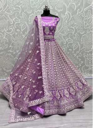 Thread Work Net A Line Lehenga Choli in Purple