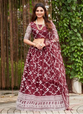 Thread Work Net Designer Lehenga Choli in Maroon