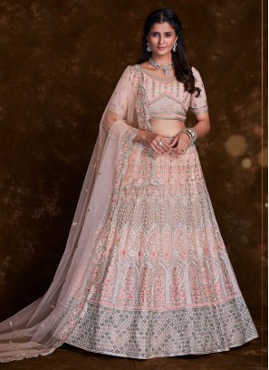 Thread Work Net Designer Lehenga Choli in Rose Pink