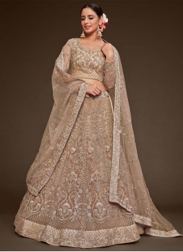 Thread Work Net Long Choli Lehenga in Beige