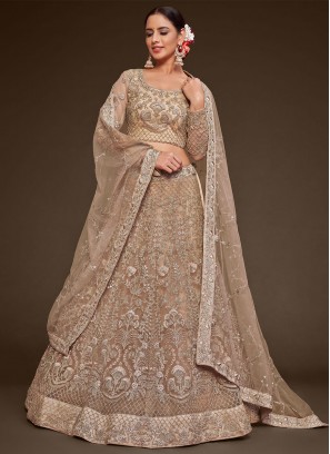 Thread Work Net Long Choli Lehenga in Beige