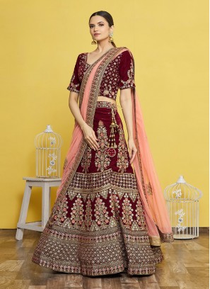 Thread Work Velvet Lehenga Choli in Maroon