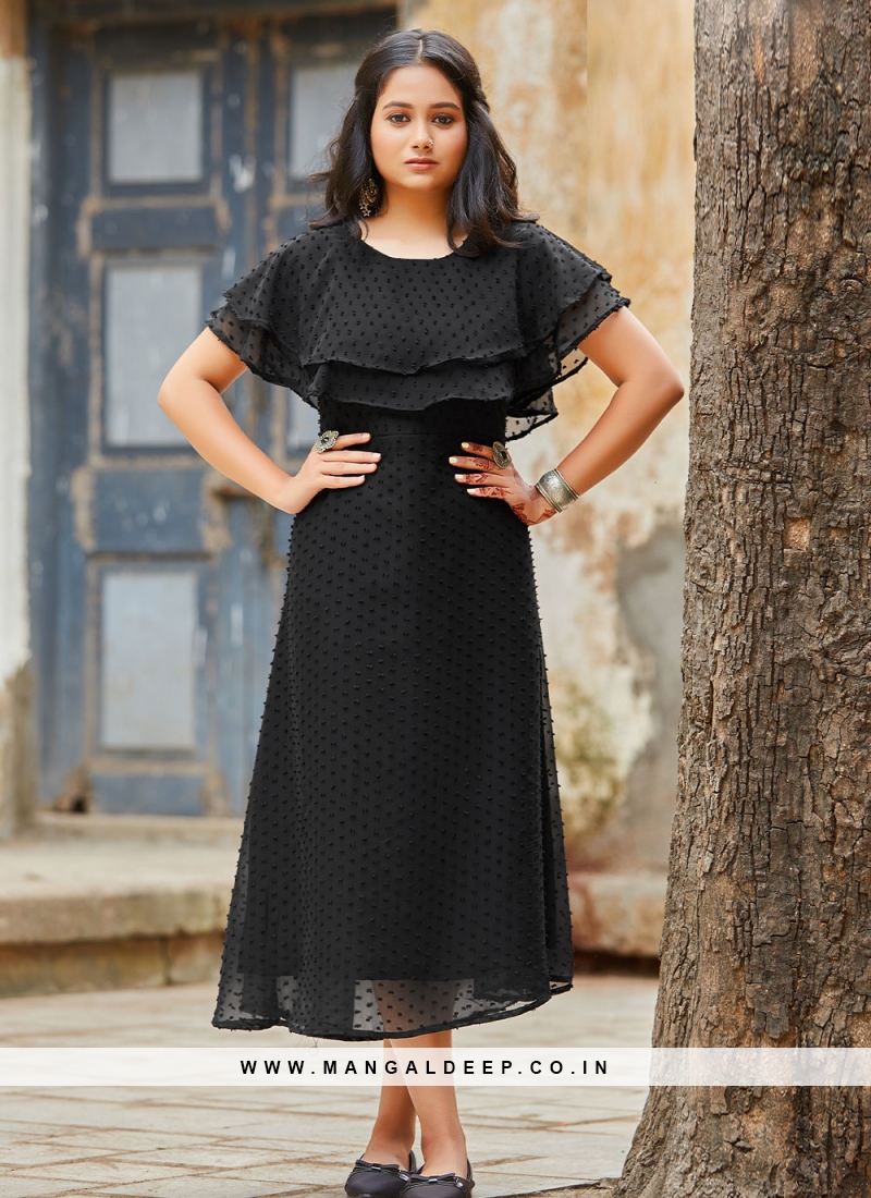 Thrilling Black Ruffle Georgette Designer Kurti