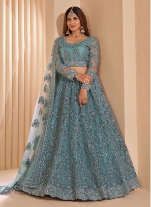 Thrilling Blue Cord Net A Line Lehenga Choli
