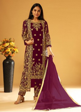 Thrilling Maroon Embroidered Pant Style Suit