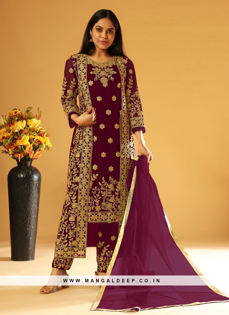 Thrilling Maroon Embroidered Pant Style Suit