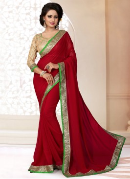 Thrilling Patch Border Maroon Faux Georgette Trendy Saree