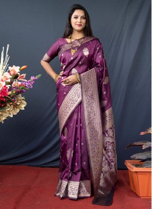 Tiptop Banarasi Silk Weaving Purple Classic Saree
