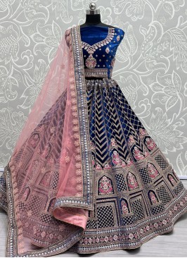 Tiptop Blue Embroidered Velvet Lehenga Choli