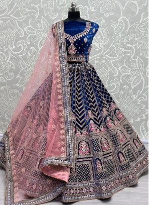 Tiptop Blue Embroidered Velvet Lehenga Choli