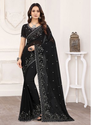 Tiptop Faux Georgette Black Resham Classic Designer Saree