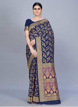 Tiptop Navy Blue Woven Banarasi Silk Trendy Saree