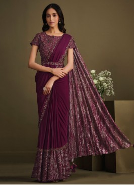 Tiptop Wine Embroidered Designer Saree