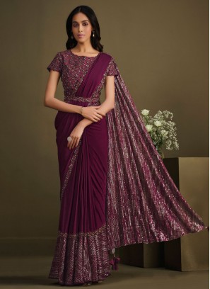 Tiptop Wine Embroidered Designer Saree