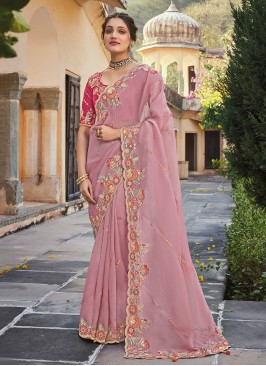 Tissue Embroidered Saree in Rose Pink