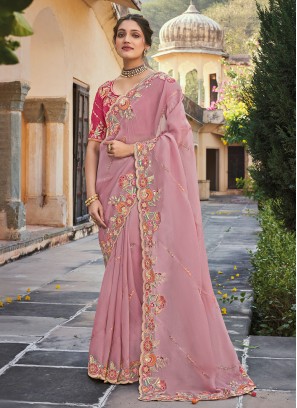 Tissue Embroidered Saree in Rose Pink