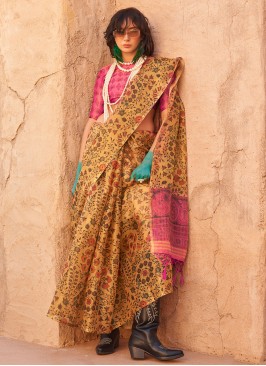 Tissue Printed Yellow Saree