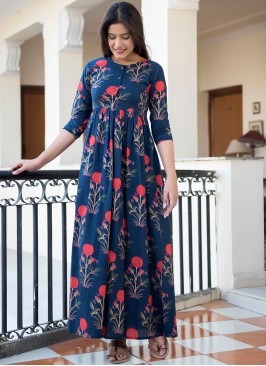 Titillating Abstract Print Blue Muslin Party Wear Kurti