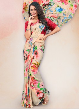 Titillating Digital Print Faux Crepe Beige Classic Saree