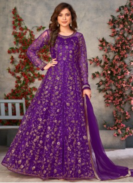 Titillating Embroidered Net Purple Long Length Anarkali Salwar Suit