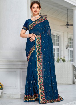 Titillating Georgette Teal Contemporary Saree