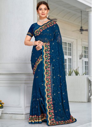 Titillating Georgette Teal Contemporary Saree