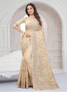 Titillating Organza Brown Resham Contemporary Style Saree