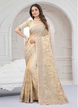 Titillating Organza Brown Resham Contemporary Style Saree