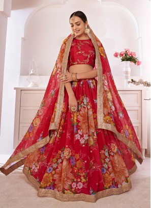 Titillating Red Faux Georgette Lehenga Choli