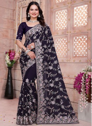Topnotch Embroidered Georgette Purple Designer Saree