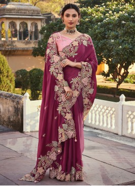 Topnotch Moti Wine Organza Classic Saree