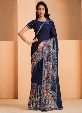 Topnotch Navy Blue Crepe Silk Trendy Saree