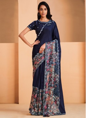 Topnotch Navy Blue Crepe Silk Trendy Saree